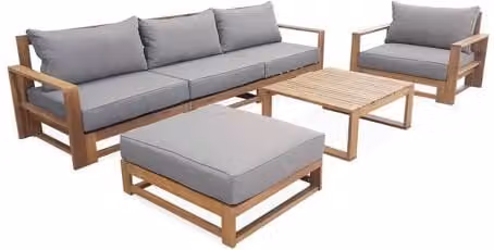 Conjunto de jardín de madera de acacia Sweeek de 5 plazas con cojines tapizados en gris y beige, An/P/Al: 273 x 75 x 72.5 cm