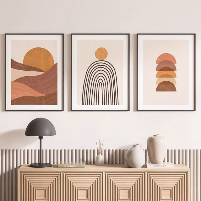 Lote de 3 pósteres decorativos de papel Lumalea estilo boho con diseño abstracto y de ciudad en multicolor y negro, An/P: 30 x 30 cm