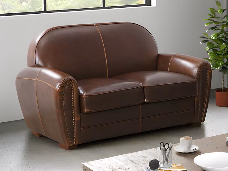 Sofá de 2 plazas Vente-Unique tapizado en piel marrón con estructura de madera sólida para salón de estilo industrial An/P/Al: 150 x 84 x 85 cm