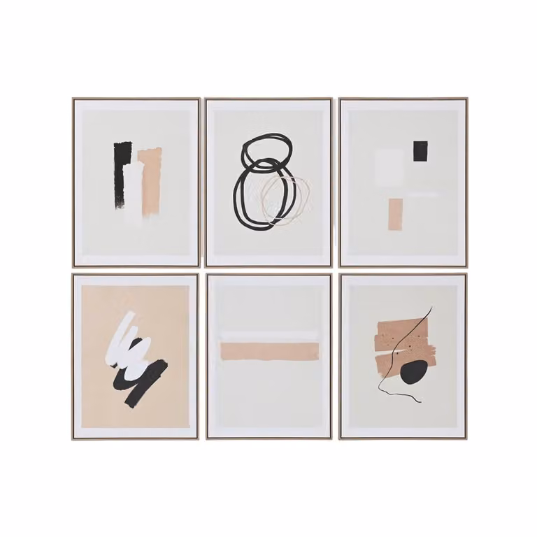 Juego de 6 cuadros abstractos modernos de lienzo beige NIYLO, An/Al: 60 x 80 cm, P: 4 cm