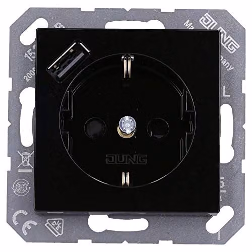 Toma de corriente Schuko con USB tipo A Jung A1520-18ASWM Serie A, color negro grafito mate