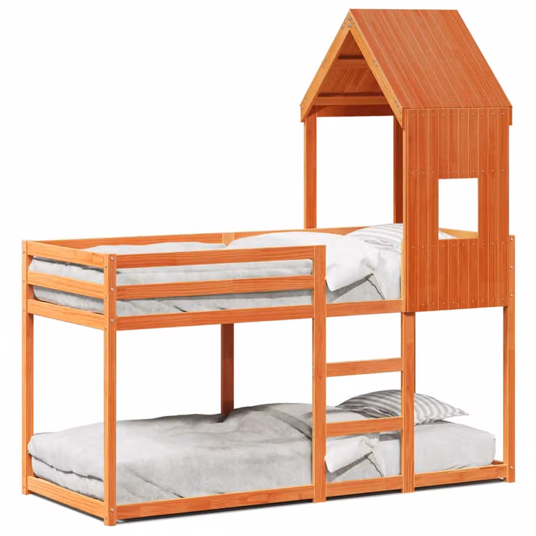 Cama litera con estructura de casa para niños vidaXL de madera maciza de pino en color marrón, An/P/Al: 80 x 200 x 112 cm