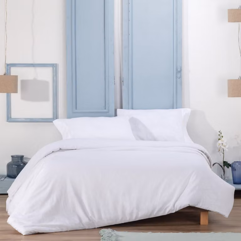 Juego de funda nórdica, sábana bajera y fundas de almohada Manterol de lino y algodón en color blanco para cama de 150/160 cm (An/P/Al: 250 x 220 x 35 cm)