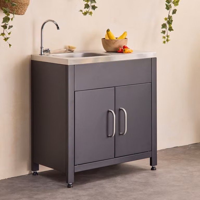 Módulo de cocina exterior Grimaud con fregadero de acero en negro, An/P/Al: 80 x 70 x 46 x 51 cm