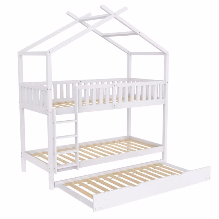 Cama alta de madera de pino MODFU blanca para niños con estructura de casa An/P/Al: 200 x 90 x 120 cm