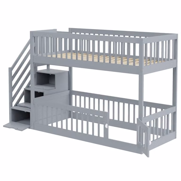 Cama alta de madera MODFU para niños en color gris con cajones y zona de juegos, An/P/Al: 90 x 200 cm