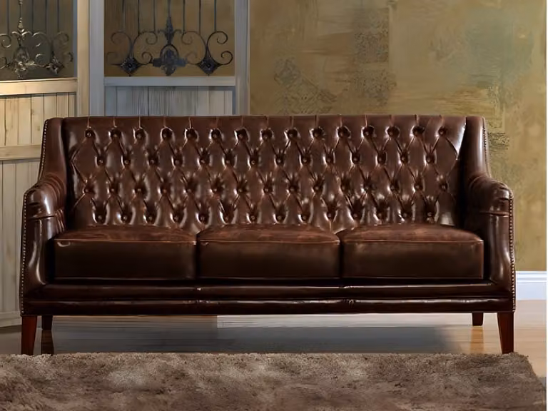 Sofá de 3 plazas Vente-Unique tapizado en piel color marrón con estructura de madera sólida An/P/Al: 194.5 x 84 x 60 cm