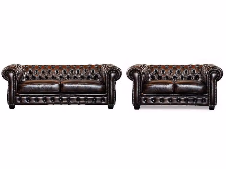 Conjunto de sofás Chesterfield Brenton de 3+2+1 plazas en piel de búfalo marrón con estructura de madera sólida