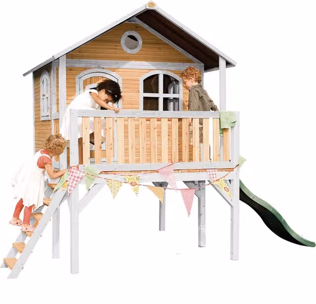 Casita de juegos infantil AXI Sophie con tobogán verde de madera FSC en marrón y blanco, An/P/Al: 274 x 380 x 212 cm