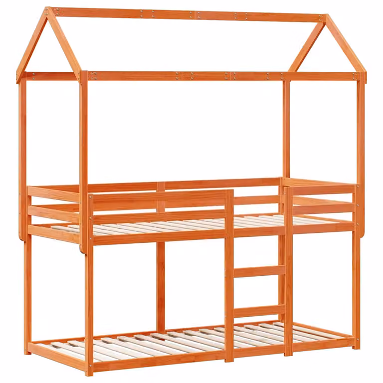Cama litera con estructura de casa para niños vidaXL de madera maciza de pino en color marrón, An/P/Al: 80 x 200 x 154 cm