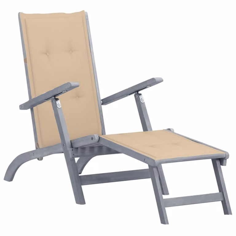 Tumbona de jardín Syfax de madera de acacia con reposapiés y cojín impermeable en beige o gris