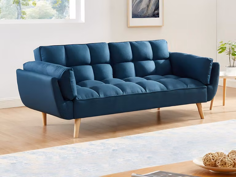 Sofá cama clic-clac de 3 plazas Vente-Unique en tejido azul con estilo escandinavo