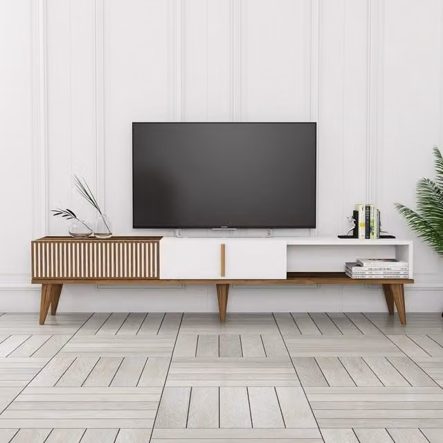 Mueble de televisión de madera MENZZO estilo mid century en color blanco y nogal An/P/Al: 180 x 40 x 35 cm