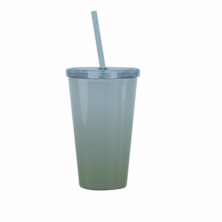 Set de 6 vasos Quid con tapa y pajita de plástico en color verde y azul degradado de 475 ml