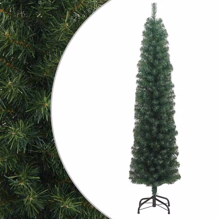 Árbol de Navidad artificial delgado vidaXL de color verde con soporte de metal y PVC, Altura: 210 cm