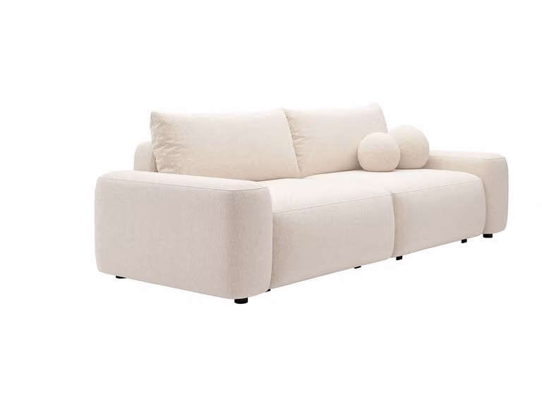 Sofá cama de 4 plazas DAVISO en color beige con tela, estructura de madera sólida y cajón extraíble, medidas: An/P/Al: 257 x 93 x 87 cm