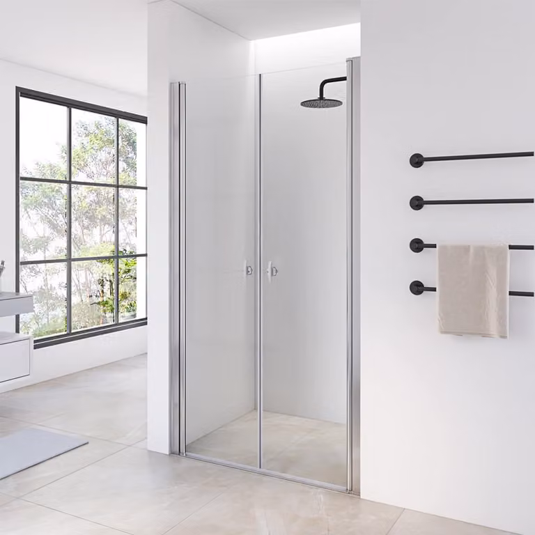Puerta de plato de ducha batiente Home Deluxe LAVEA con cristal transparente y perfil de aluminio