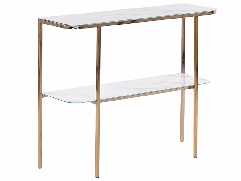 Consola Beliani de vidrio templado y metal en colores blanco y dorado con acabado brillante y diseño de mármol abstracto