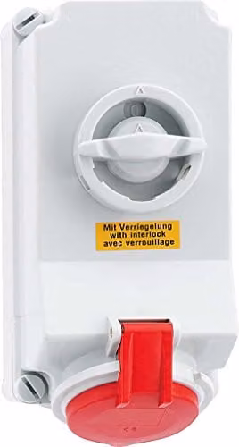 Enchufe mural CEE Bals con interruptor y sistema de bloqueo, 5 x 16A, 400V, IP44, color rojo y blanco