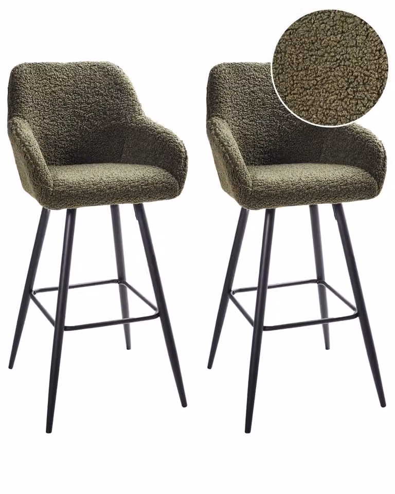 Conjunto de 2 sillas de bar Beliani en tejido bouclé verde oscuro con estructura de metal moderna