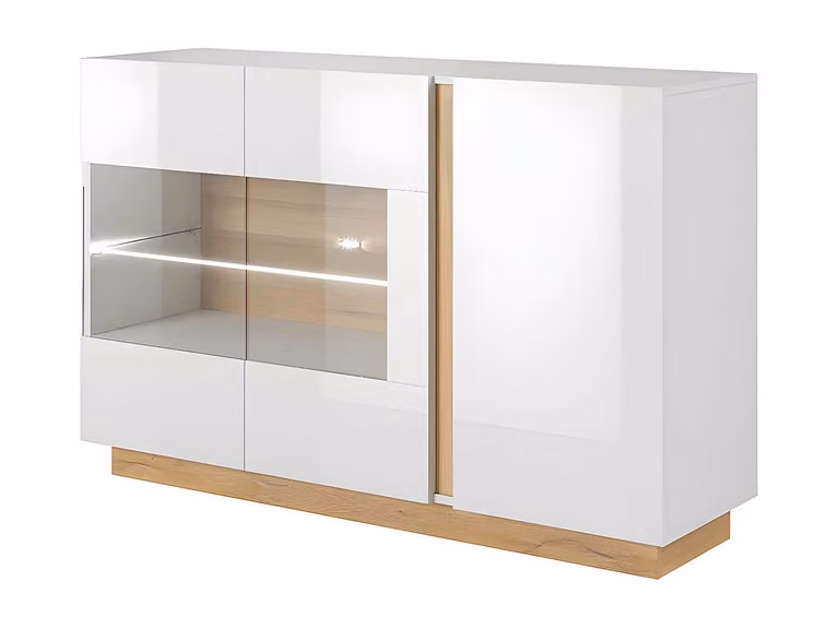 Aparador MURARI de 3 puertas con iluminación LED integrada en blanco brillante y roble