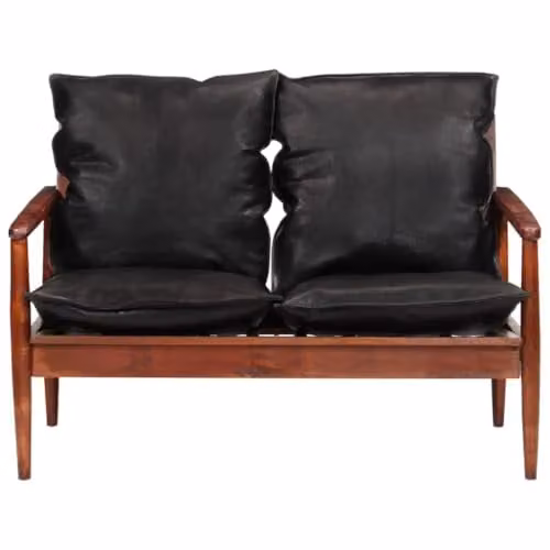 Sofá de 2 plazas Helloshop26 de estilo mid-century en cuero auténtico negro y madera de acacia sólida para tu salón