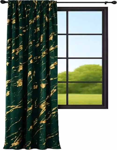 Cortina de terciopelo NOW-ART con estampado de mármol en verde botella y dorado, An/Al: 140 x 220 cm
