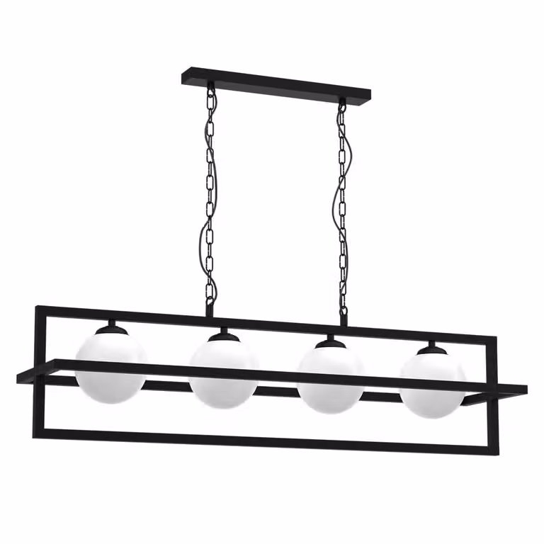 Lámpara colgante Loft Diego de Milagro con cuatro esferas blancas y estructura de metal y vidrio, altura ajustable de 100 cm, compatible con bombillas E14