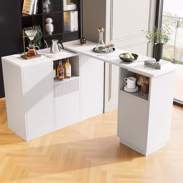 Mesa de bar STILVORA con encimera de mármol blanco, diseño moderno, giratoria 360 grados y espacio de almacenamiento abierto