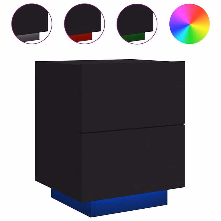 Mesita de noche con luces LED vidaXL en madera de ingeniería negra y acabado mate An/P/Al: 40 x 45 x 55 cm