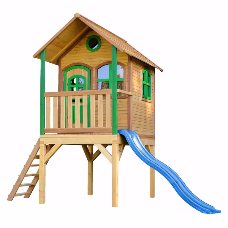 Casita de juegos infantil AXI Laura de madera con tobogán azul en marrón y verde