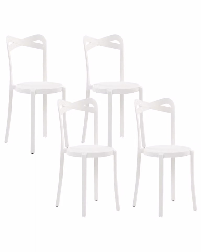 Conjunto de 4 sillas de jardín y comedor Beliani apilables en color blanco con acabado mate y material sintético resistente a la intemperie