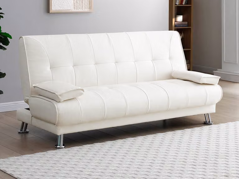 Sofá cama clic-clac MAXIME de piel sintética blanca con estructura de madera sólida y cojines incluidos