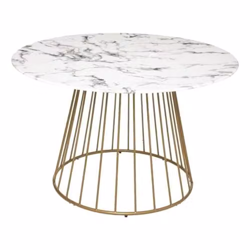 Mesa de comedor redonda Atmosphera Rayo con tapa de cristal efecto mármol en blanco y oro, Diámetro: 120 cm
