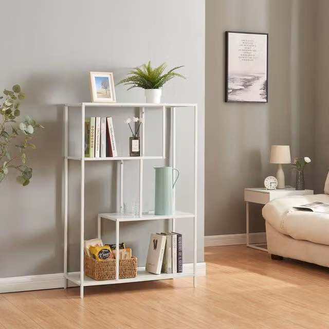 Librería Reisjärvi de 4 niveles en acero de en.casa, color blanco mate, Al x An x P: 115 x 75 x 35 cm