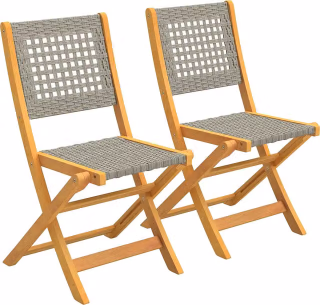 Set de 2 sillas de jardín plegables Outsunny de madera maciza FSC y polirratán gris con asiento de textileno