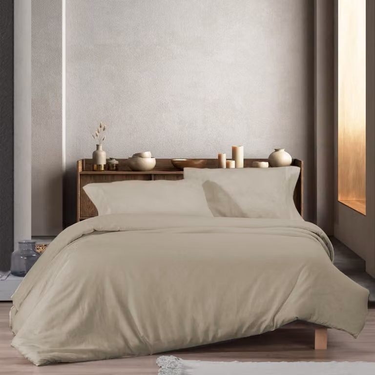 Juego de funda nórdica, sábana bajera y fundas de almohada Manterol de lino y algodón en color beige para cama de 150/160 cm