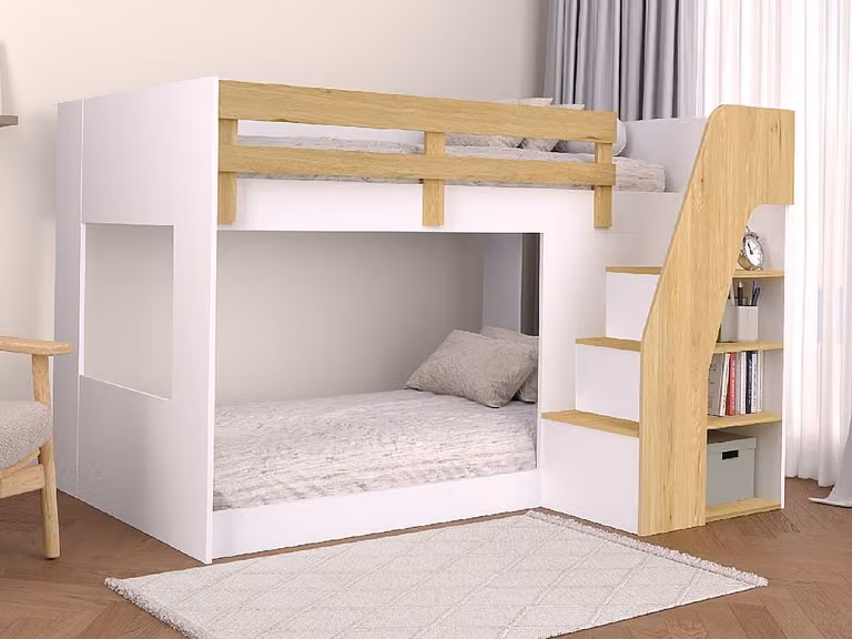 Litera de dos niveles NAROJAS con almacenamiento y escaleras, color blanco, incluye colchón de espuma y dimensiones de 90 x 190 cm