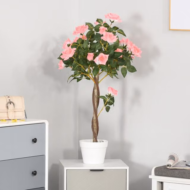 Árbol artificial Outsunny con flores rosas en maceta de cemento para mesa
