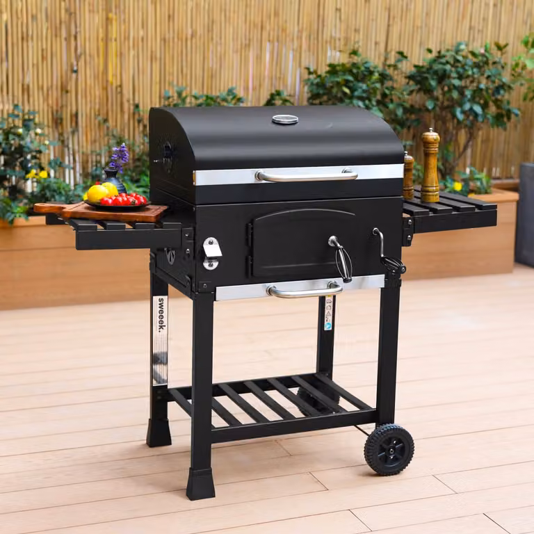 Barbacoa de carbón Sweeek en acero esmaltado negro con termómetro y ruedas, An/P/Al: 122 x 65 x 103,5 cm