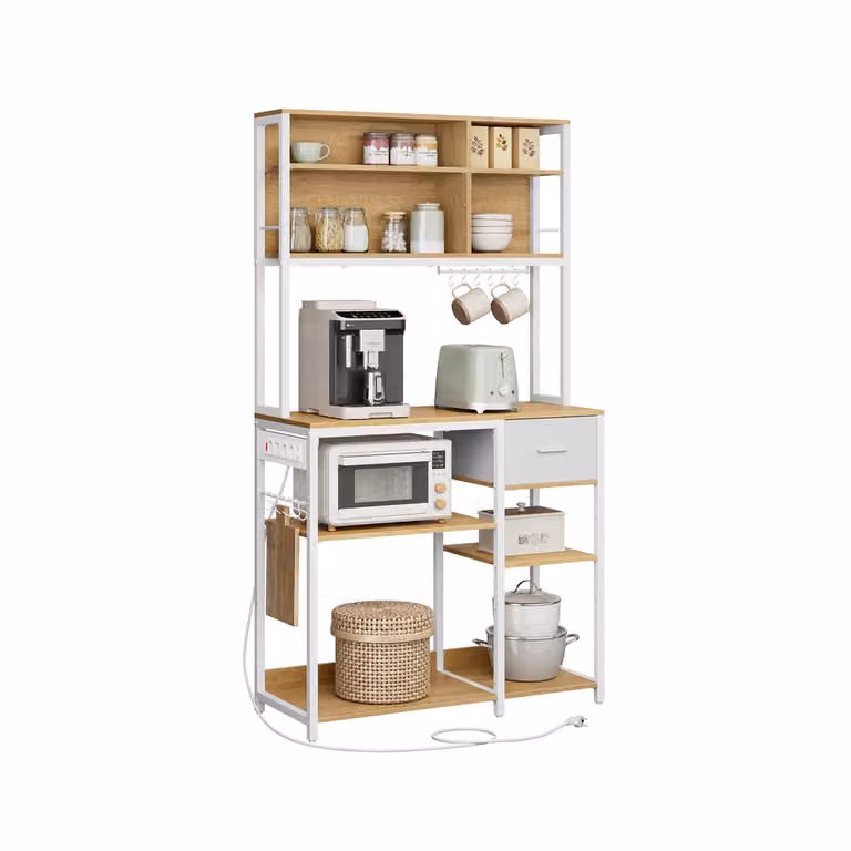 VASAGLE Estantería de Cocina con Multienchufe, Roble Dorado y Blanco Nube, An/P/Al: 100 x 40 x 180,4 cm