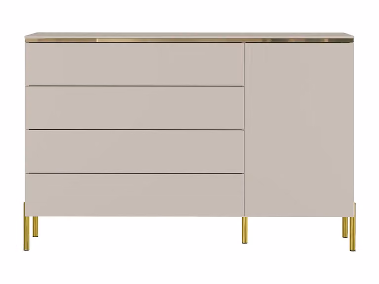 Cómoda con 4 cajones y 1 armario de estilo moderno en beige y dorado de VUKIA