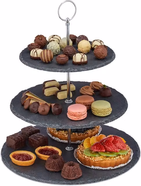 Soporte para tartas de 3 niveles de pizarra con asa metálica relaxdays, color antracita y plateado, An/P: 34 x 30 cm