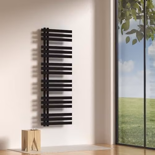 Radiador toallero de pared neu.haus de acero con 18 lamas, conexión inferior para agua caliente, potencia de 660 W, color negro, An/Al: 140 x 50 cm