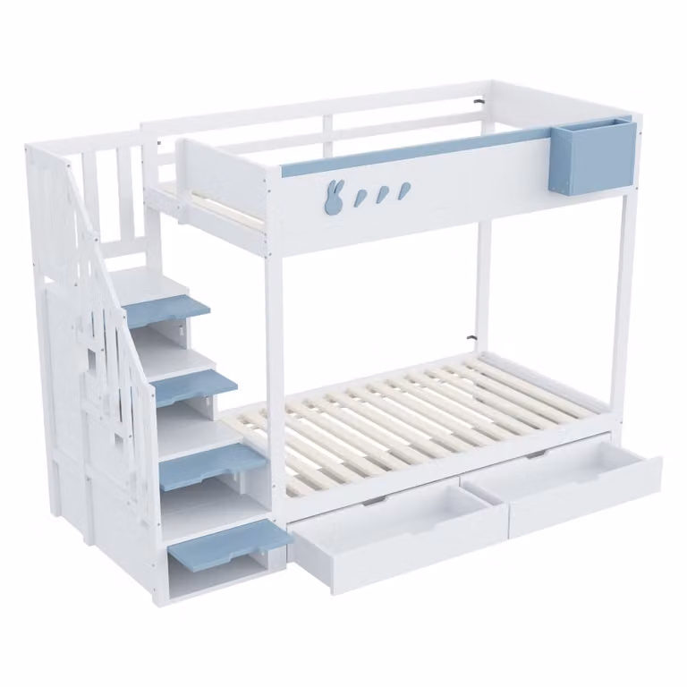 Litera de dos niveles MODFU de madera de pino para niños en colores blanco, azul y beige con cajones y escaleras An/P/Al: 90 x 200 cm