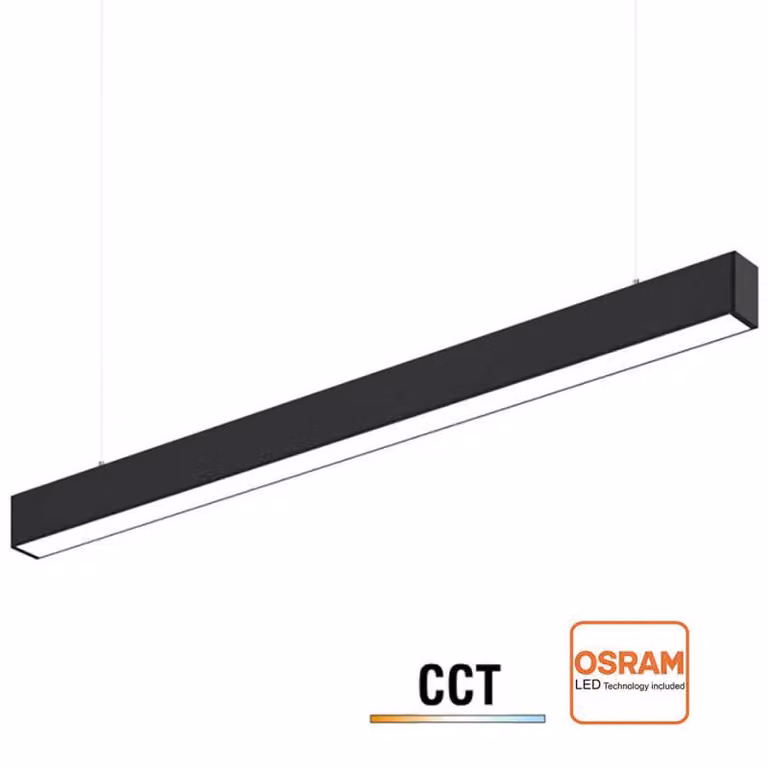 Lámpara colgante LED de superficie metro LEDBOX, color negro, 50W, Longitud: 150 cm, con tecnología CCT ajustable (3000-4000-6000K) y diseño ampliable.
