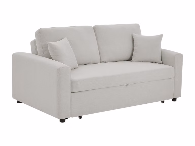 Sofá cama de 3 plazas INIZOR en tela beige con estructura de madera sólida y reposacabezas ajustable
