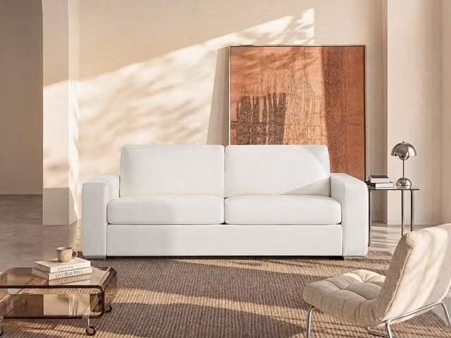 Sofá cama de 3 plazas Vente-Unique en piel blanca con función de cama y fundas extraíbles An/P/Al: 223 x 194 x 106 cm