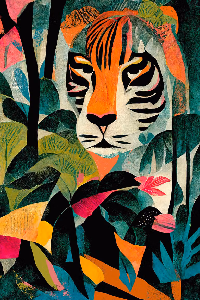 Cuadro de lienzo Hexoa con ilustración de jungla y tigre multicolor, An/Al: 60 x 90 cm