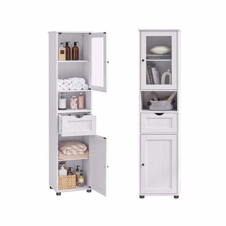 Armario de baño VASAGLE moderno con puertas de cristal y estantes internos en color blanco mate